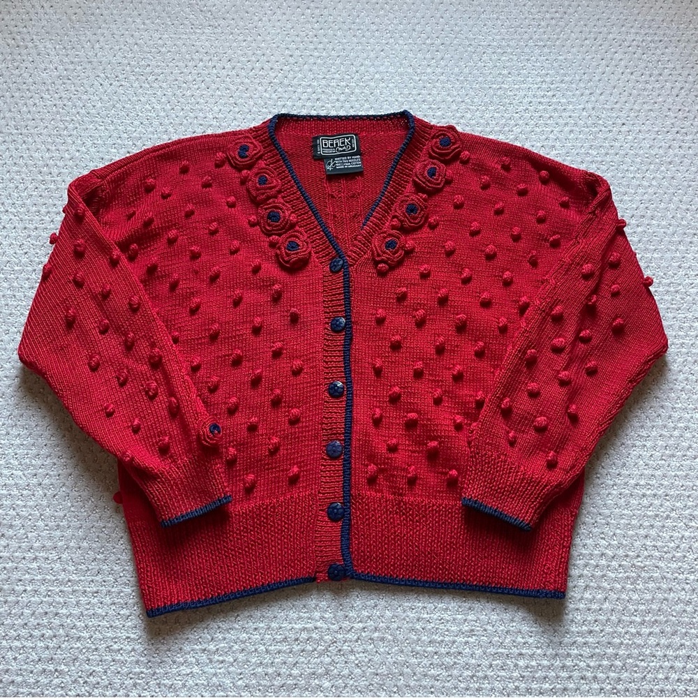Vintage 80s BEREK Marta D 3D Knit Sweater Cardigan Floral Rose Flower Size Small
